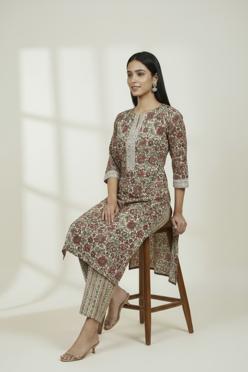 Red Floral Printed Cotton 2 Piece Kurta Set