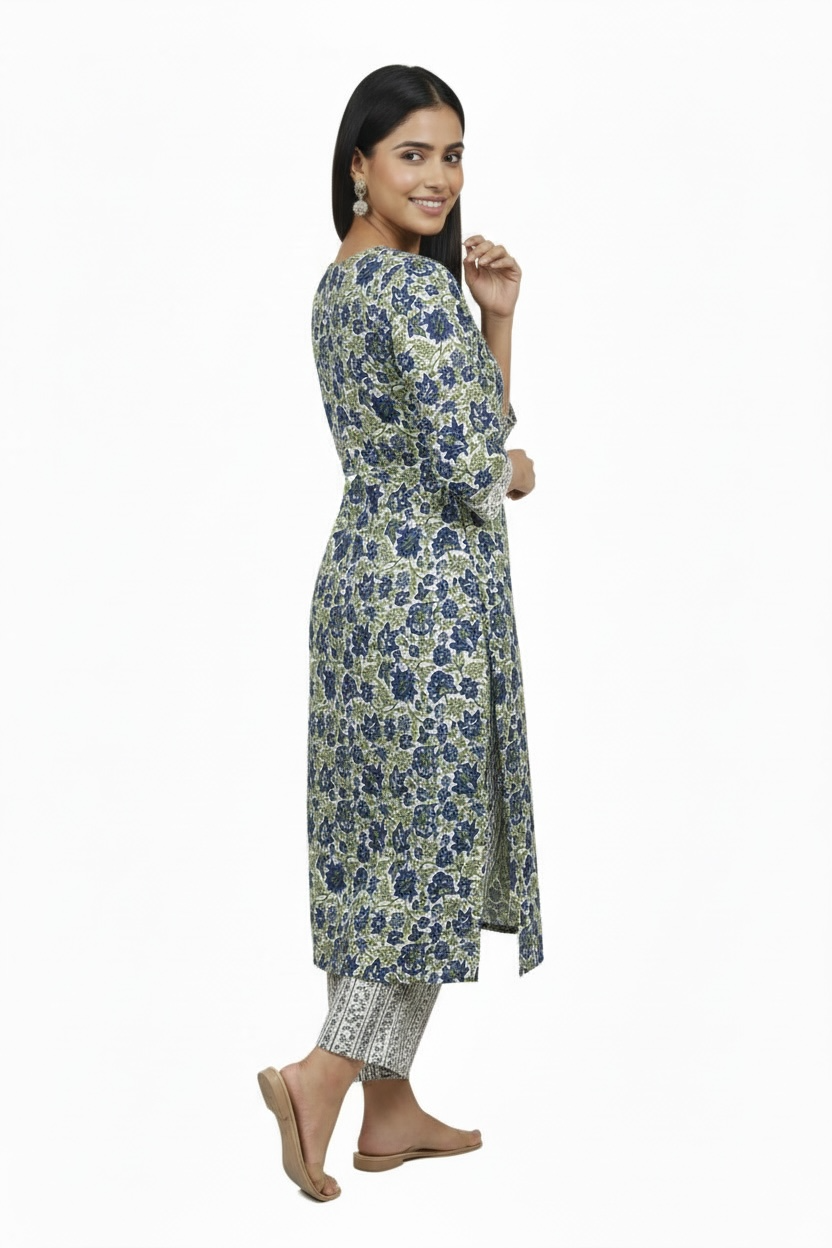 Blue Floral Printed Cotton 2 Piece Kurta Set