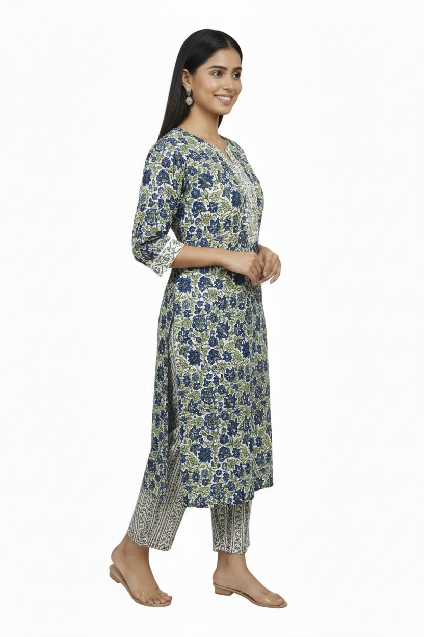 Blue Floral Printed Cotton 2 Piece Kurta Set