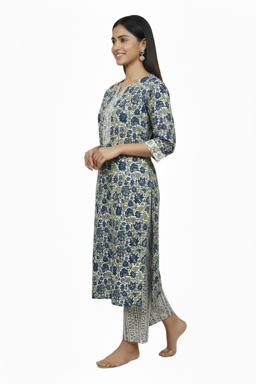 Blue Floral Printed Cotton 2 Piece Kurta Set