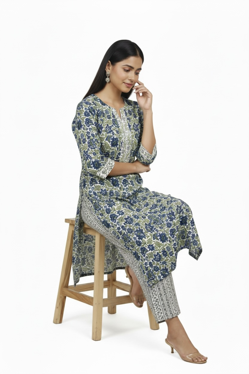 Blue Floral Printed Cotton 2 Piece Kurta Set