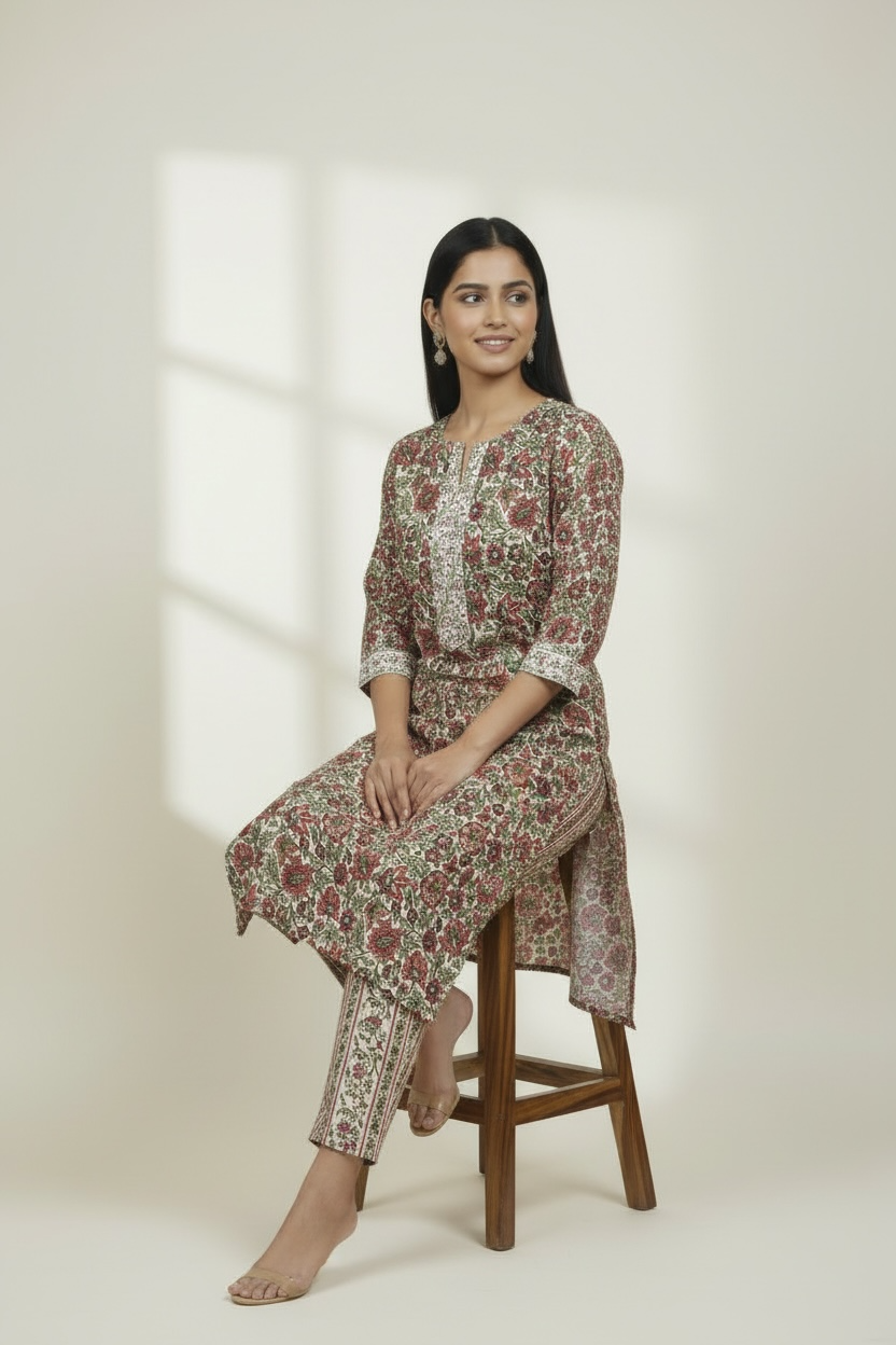 Red Floral Printed Cotton 2 Piece Kurta Set