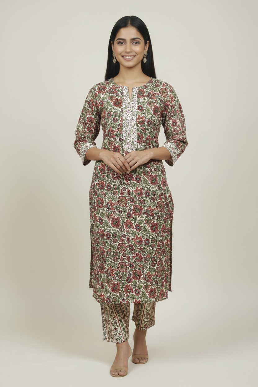 Red Floral Printed Cotton 2 Piece Kurta Set