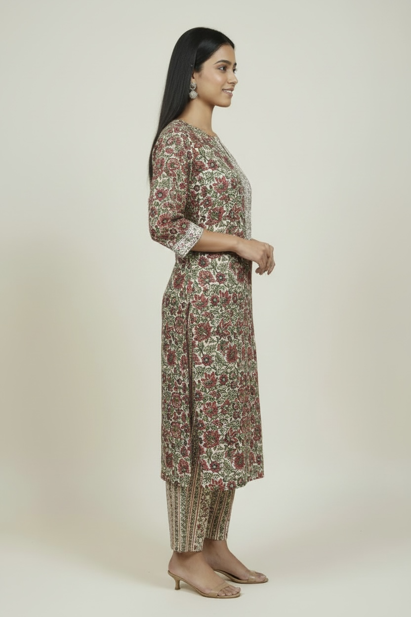 Red Floral Printed Cotton 2 Piece Kurta Set