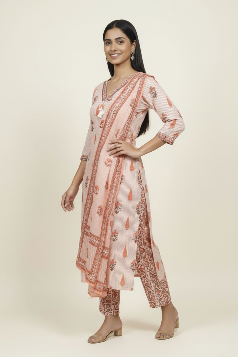 Peach Mul Cotton Printed Kurti Set with Dupatta