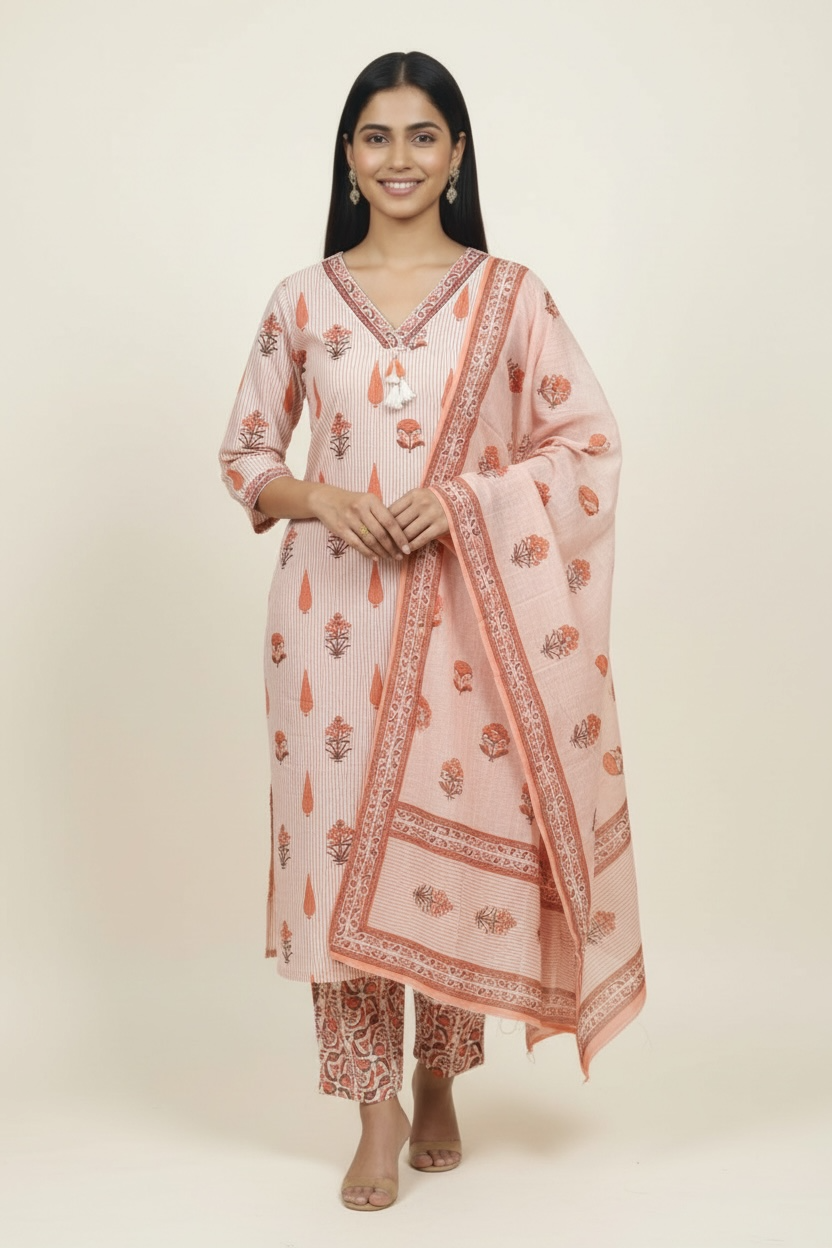 Peach Mul Cotton Printed Kurti Set with Dupatta