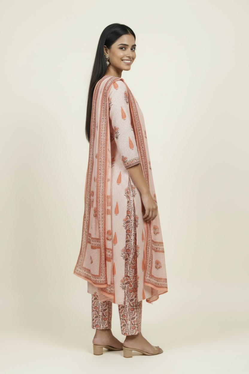Peach Mul Cotton Printed Kurti Set with Dupatta