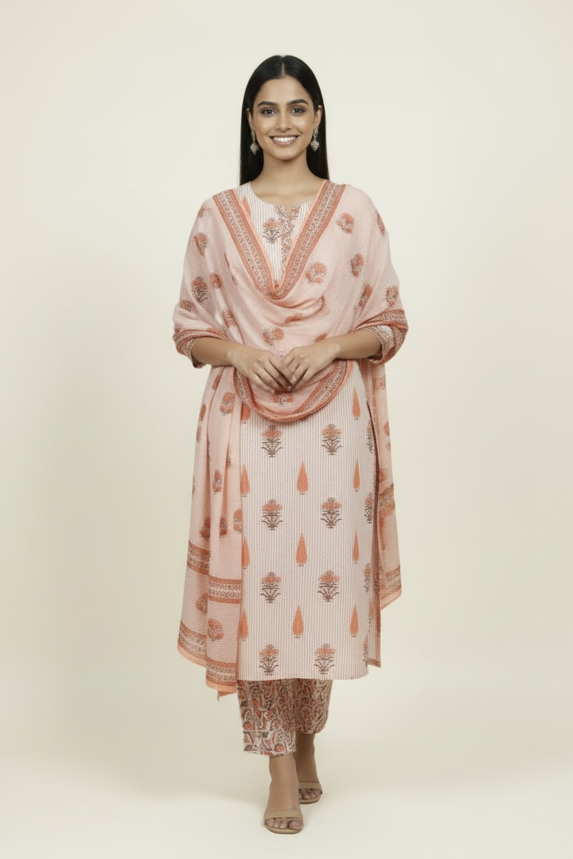 Peach Mul Cotton Printed Kurti Set with Dupatta