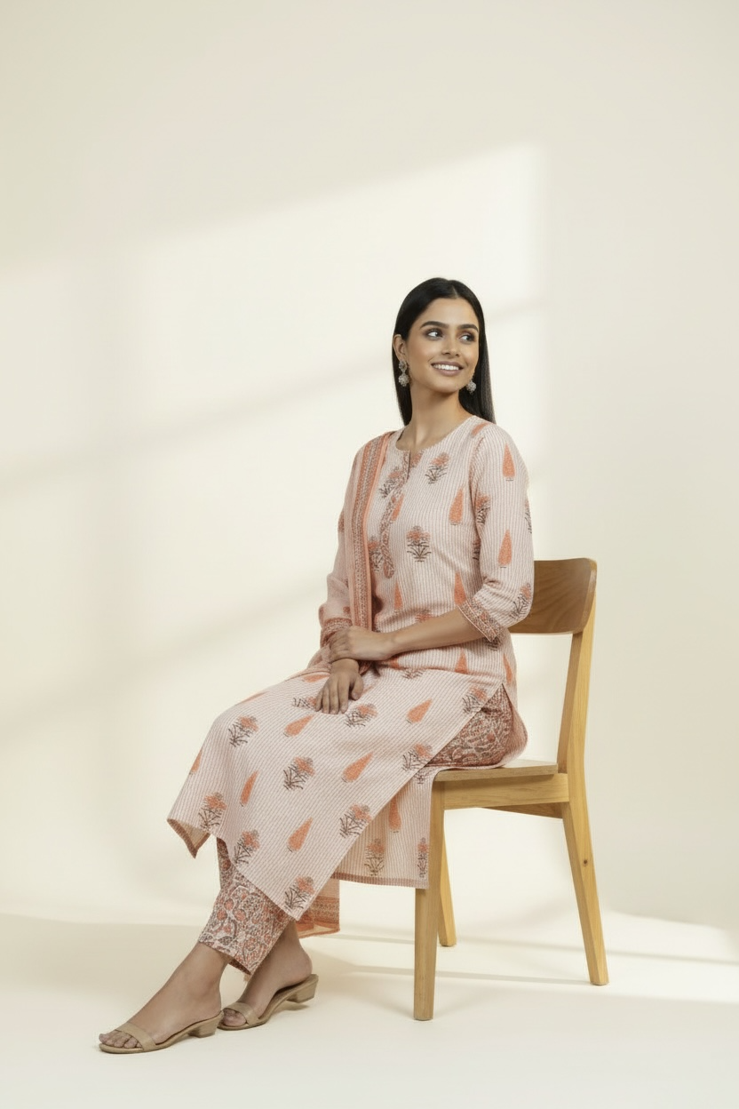 Peach Mul Cotton Printed Kurti Set with Dupatta