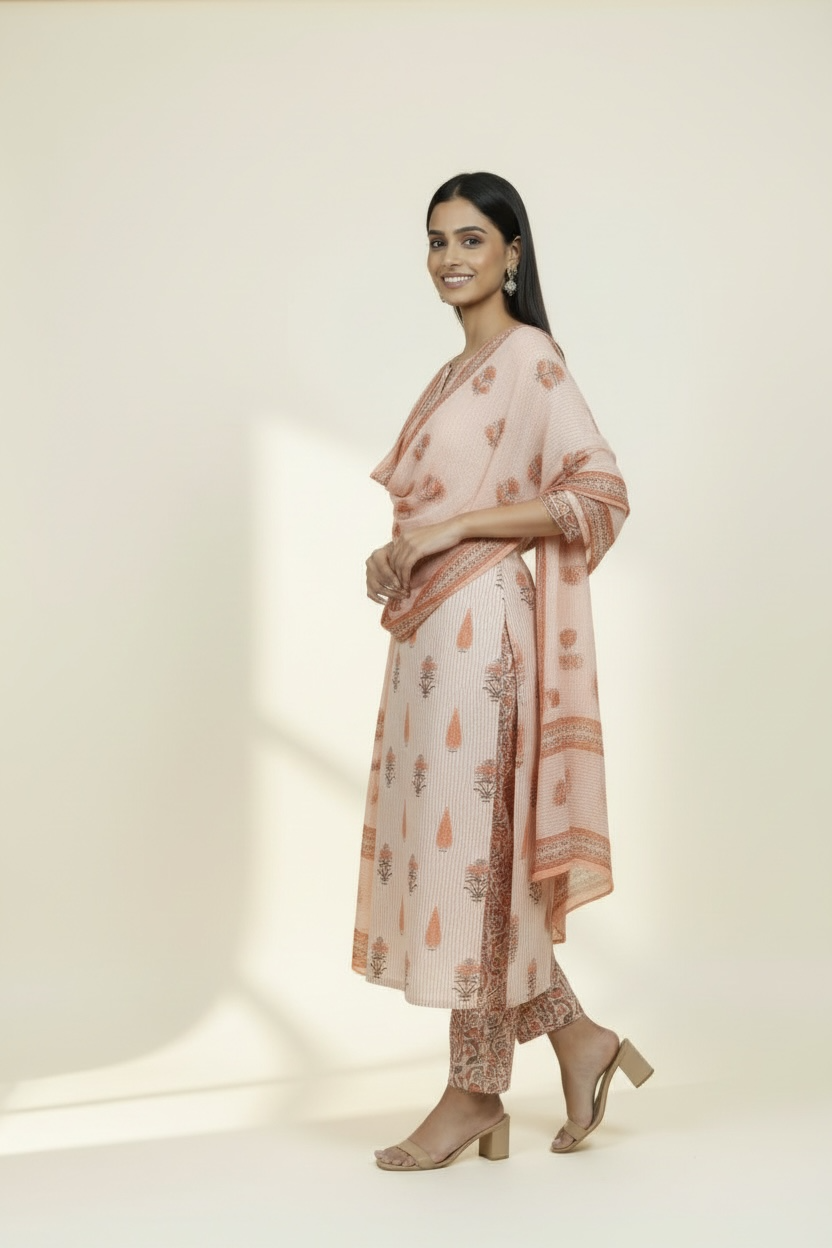 Peach Mul Cotton Printed Kurti Set with Dupatta