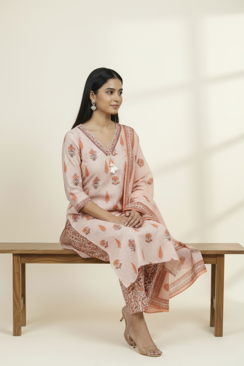 Peach Mul Cotton Printed Kurti Set with Dupatta