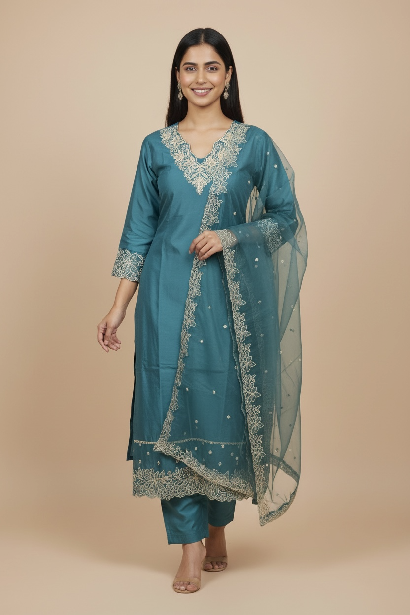 Navy Blue Embroidered Kurti Set with Dupatta