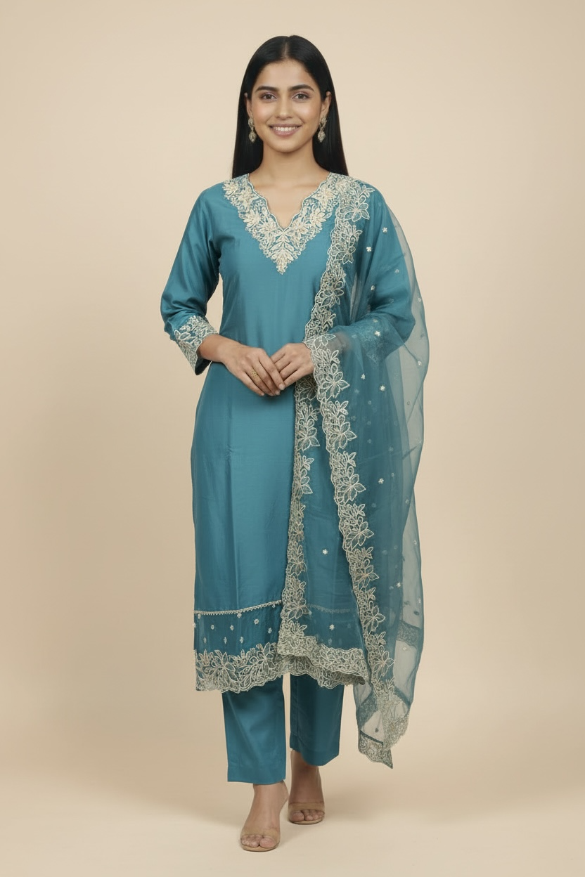 Navy Blue Embroidered Kurti Set with Dupatta