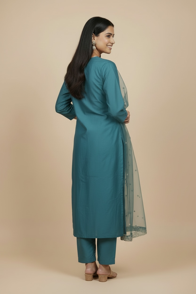 Navy Blue Embroidered Kurti Set with Dupatta