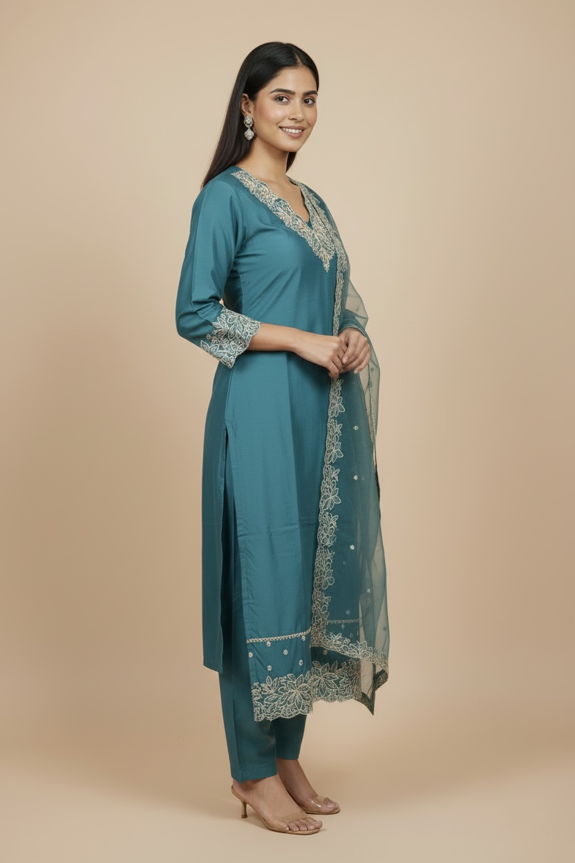 Navy Blue Embroidered Kurti Set with Dupatta