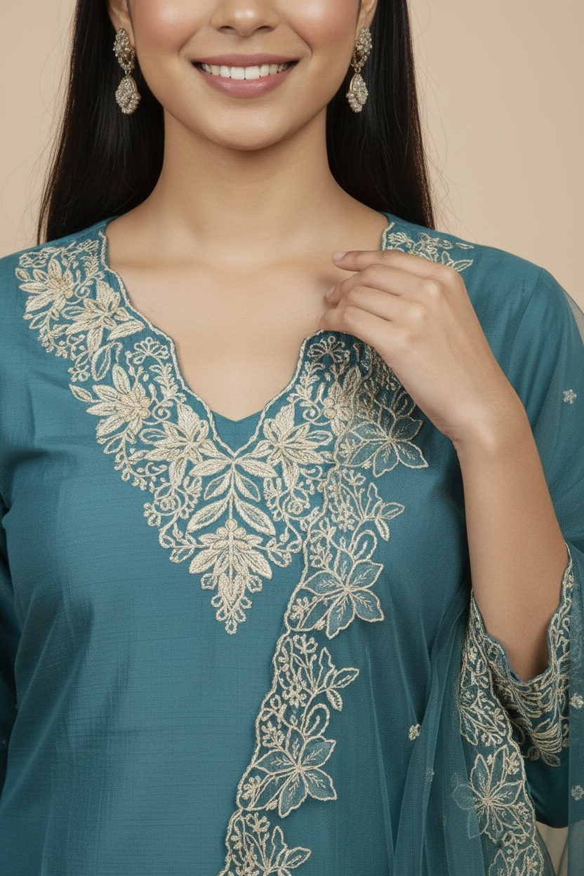 Navy Blue Embroidered Kurti Set with Dupatta