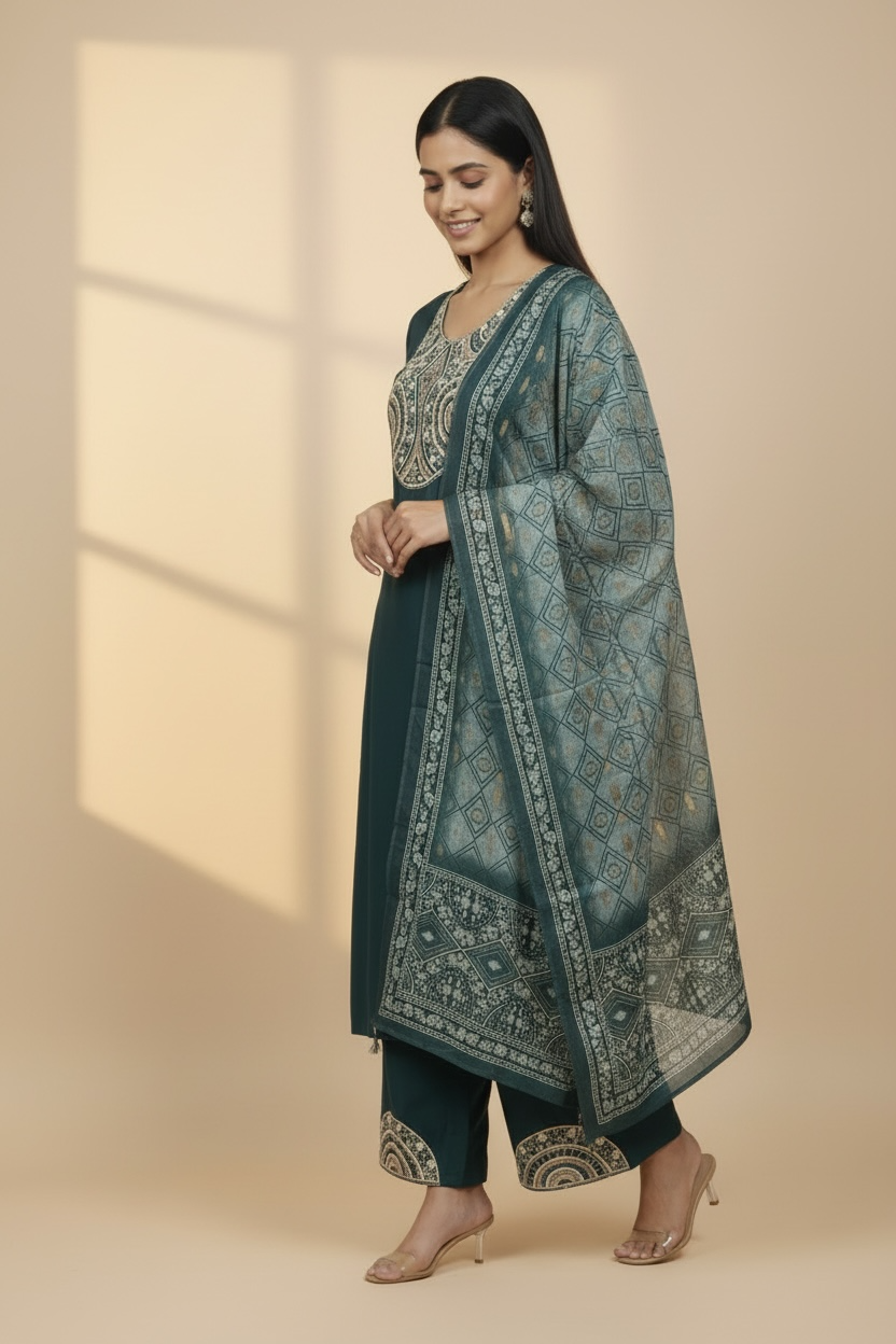 Teal Embroidered Kurti Set with Dupatta