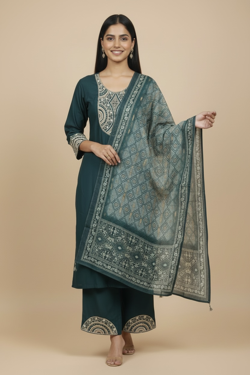 Teal Embroidered Kurti Set with Dupatta
