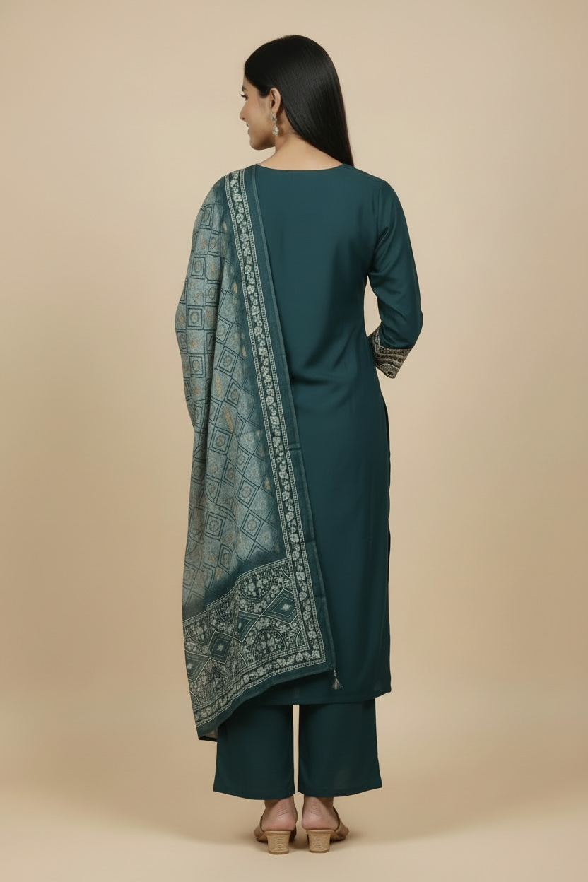 Teal Embroidered Kurti Set with Dupatta
