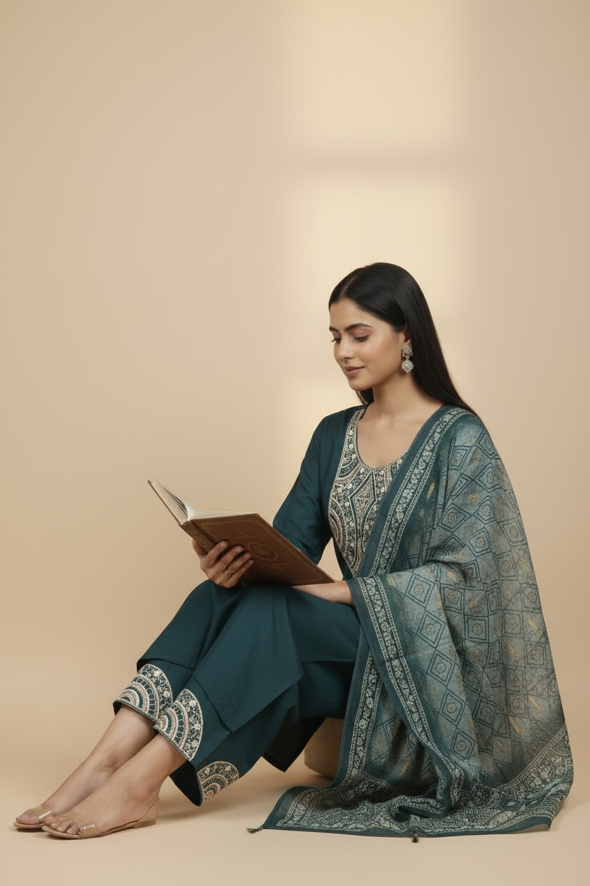 Teal Embroidered Kurti Set with Dupatta