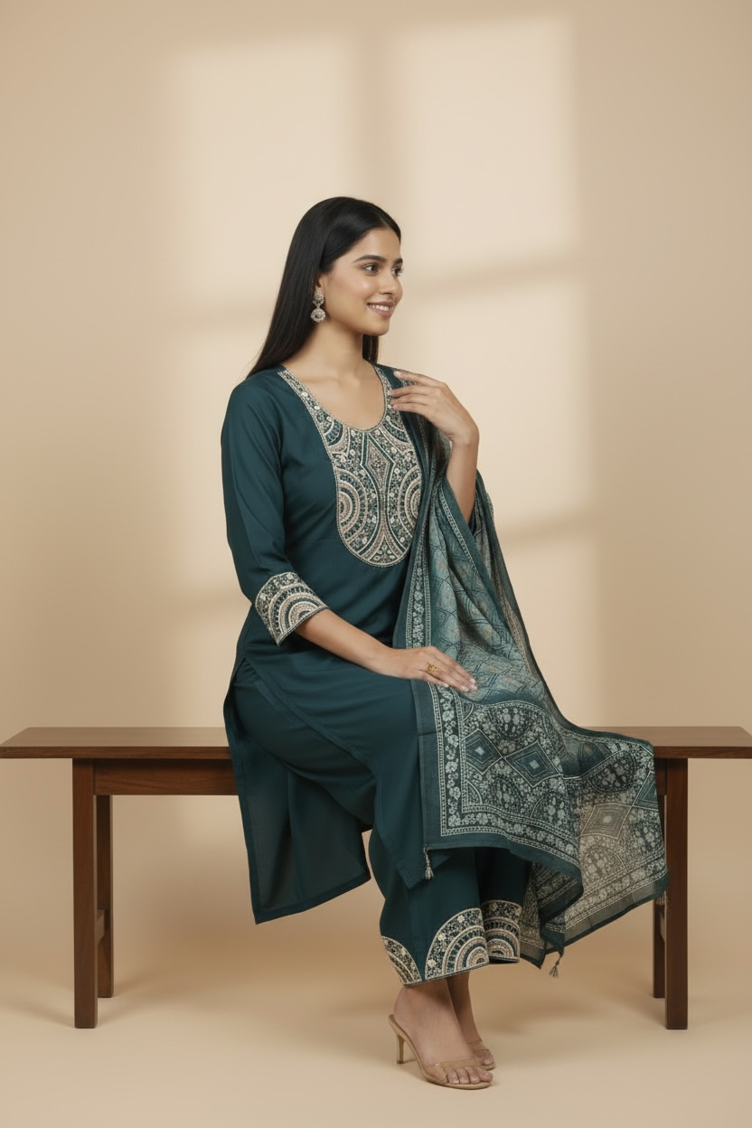 Teal Embroidered Kurti Set with Dupatta