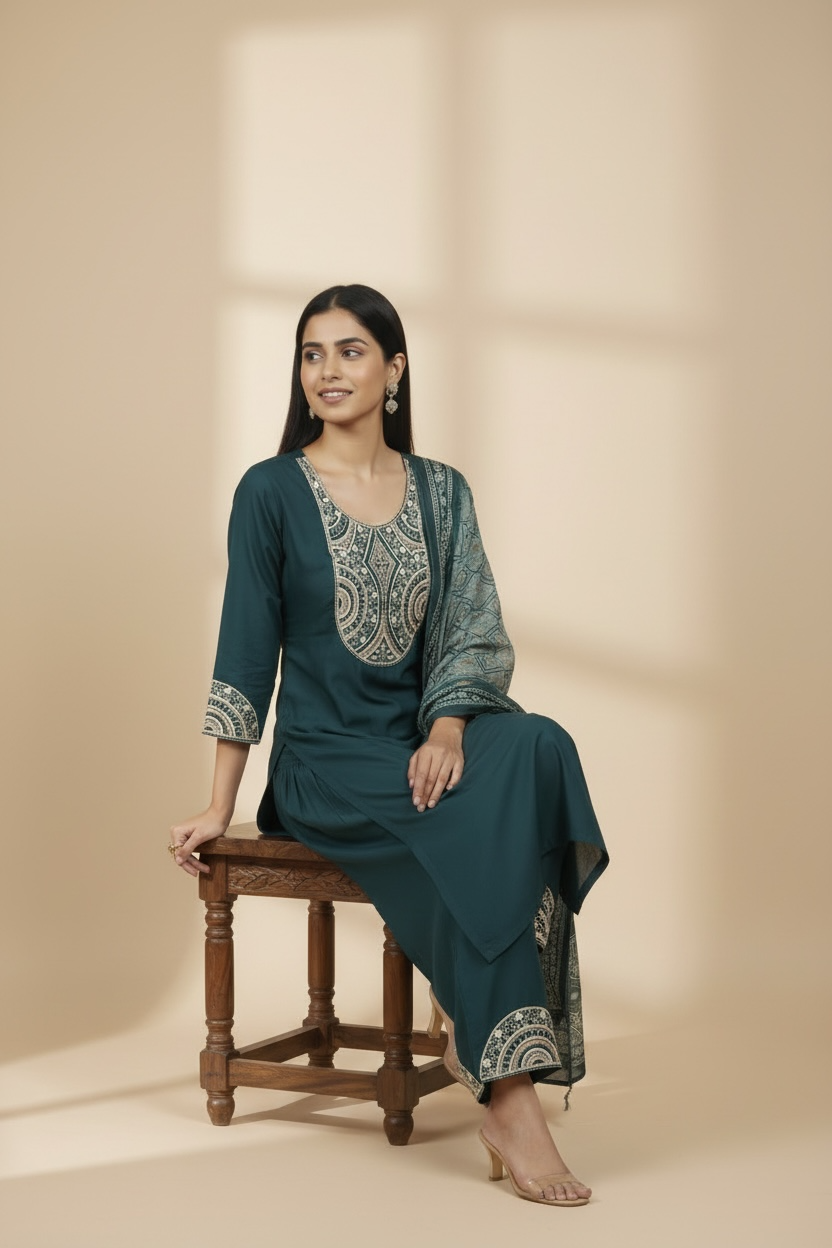 Teal Embroidered Kurti Set with Dupatta