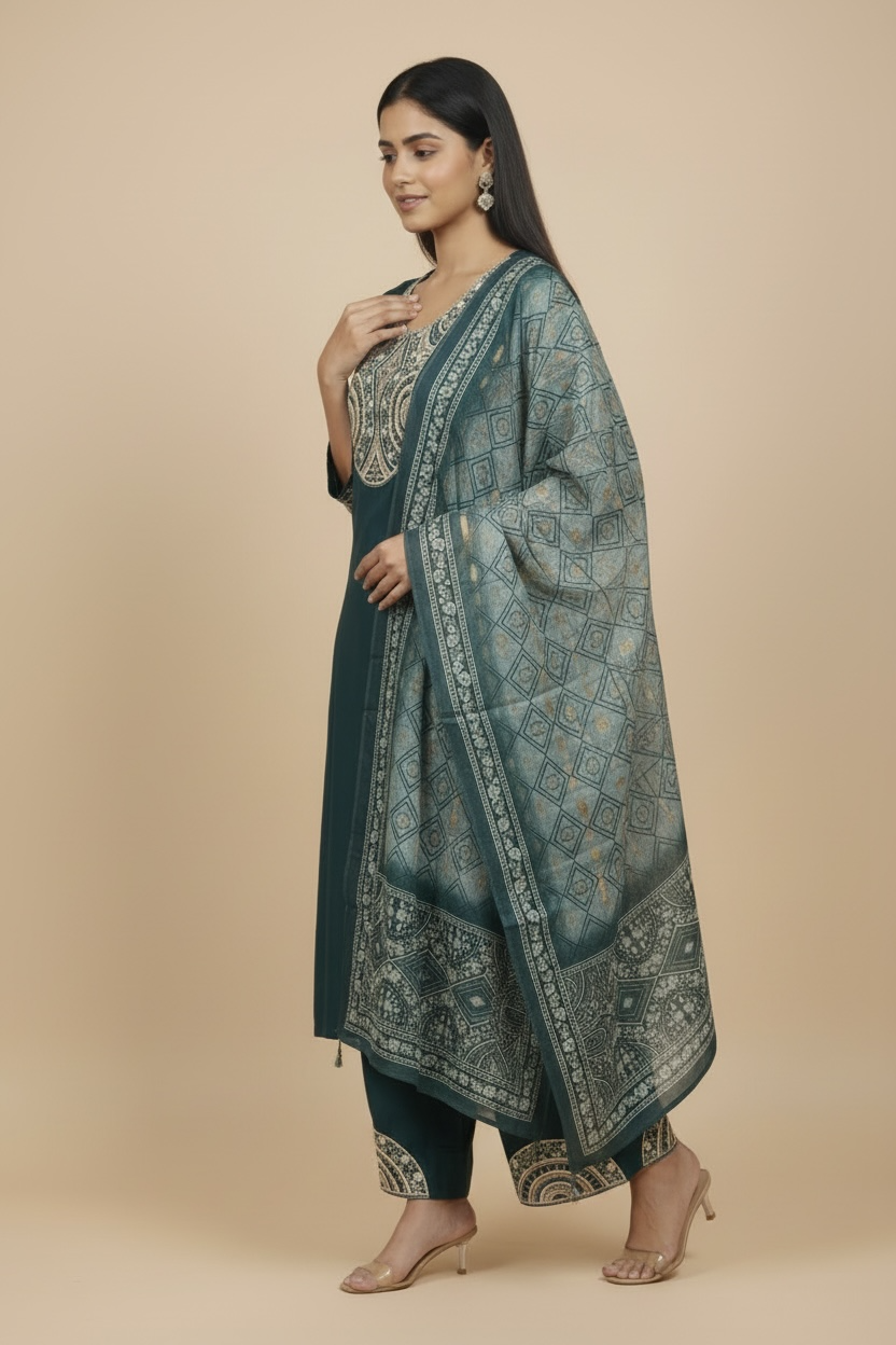 Teal Embroidered Kurti Set with Dupatta
