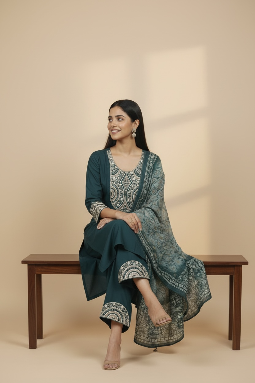 Teal Embroidered Kurti Set with Dupatta