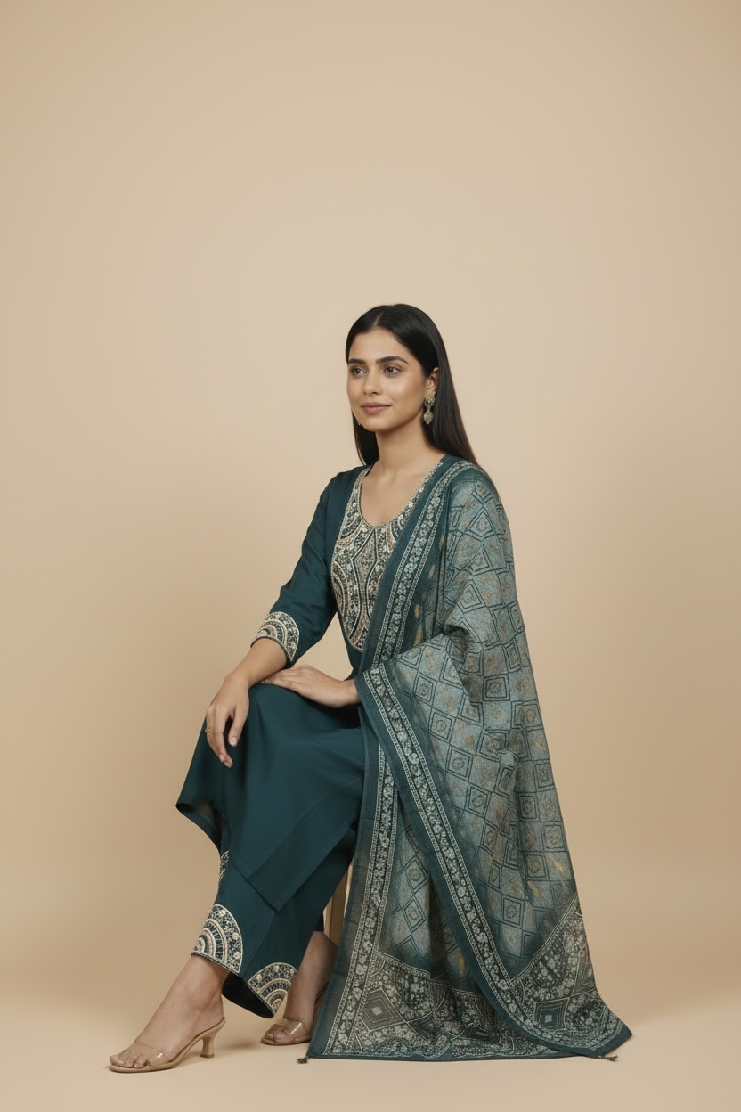 Teal Embroidered Kurti Set with Dupatta