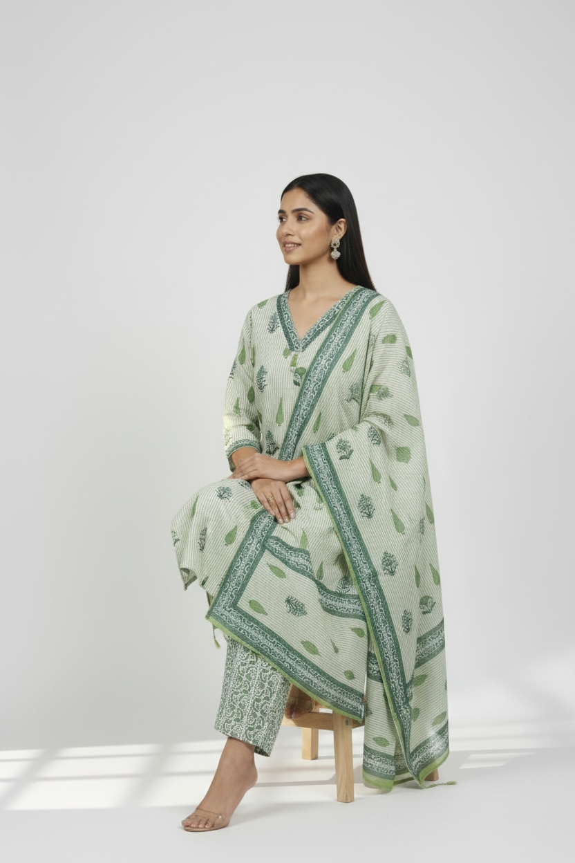 Lime Green Mul Cotton Kurti Set with Dupatta for Women | Kara Boutique