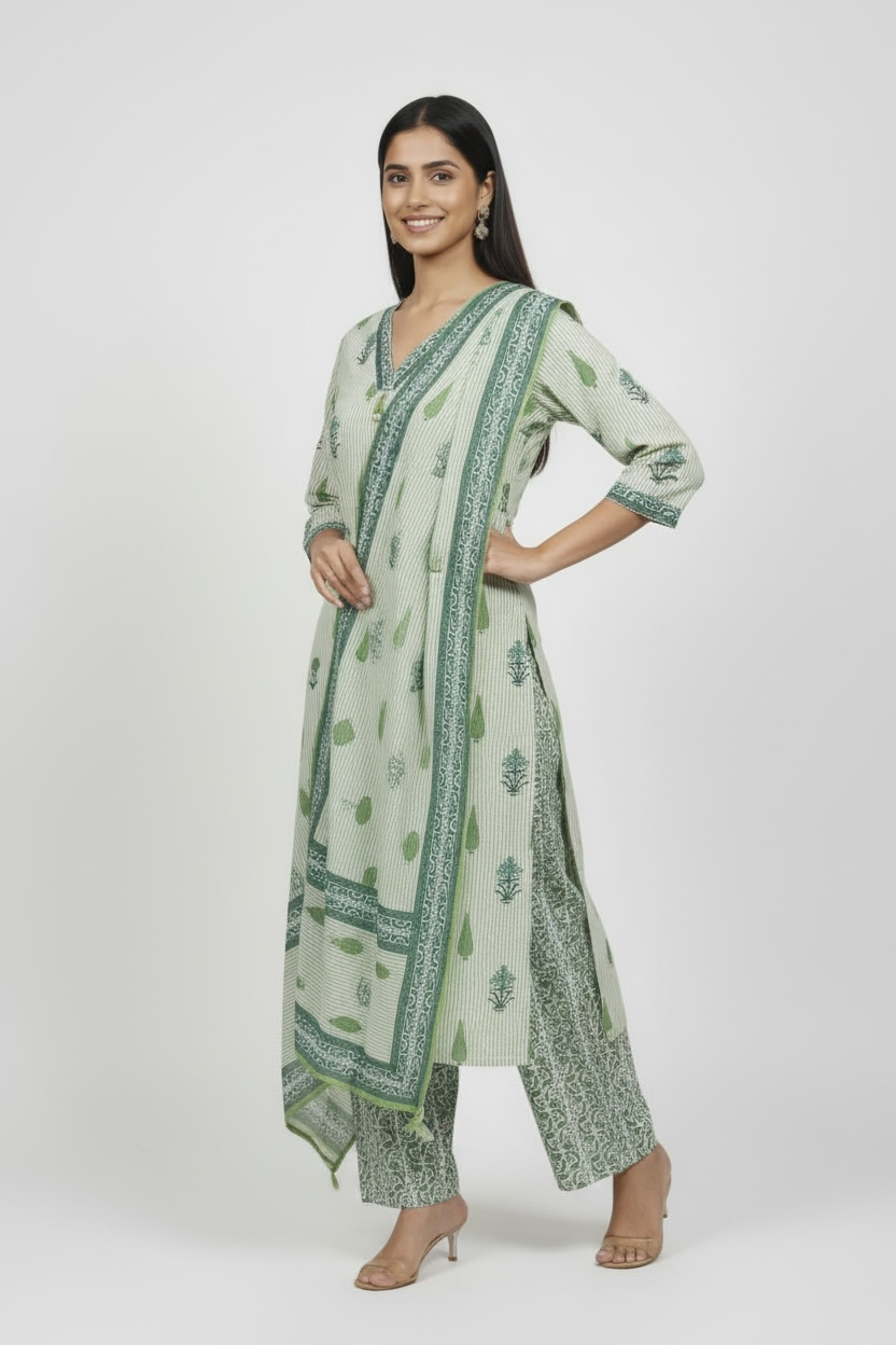 Lime Green Mul Cotton Kurti Set with Dupatta for Women | Kara Boutique