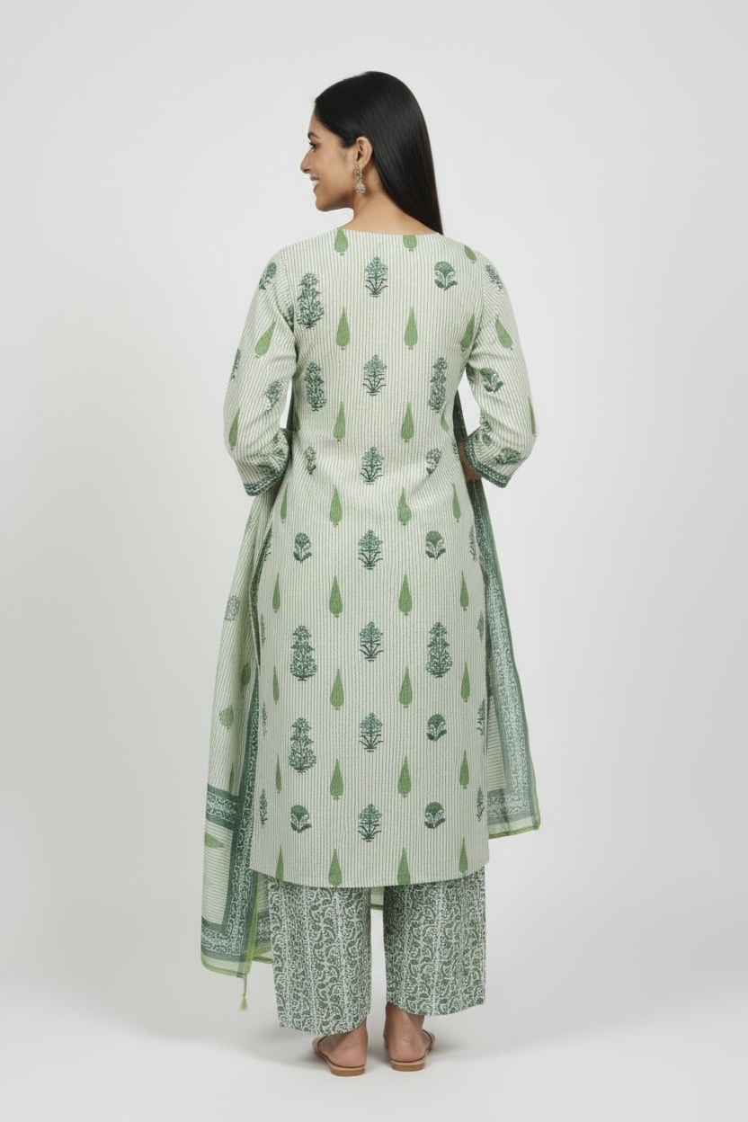 Lime Green Mul Cotton Kurti Set with Dupatta for Women | Kara Boutique