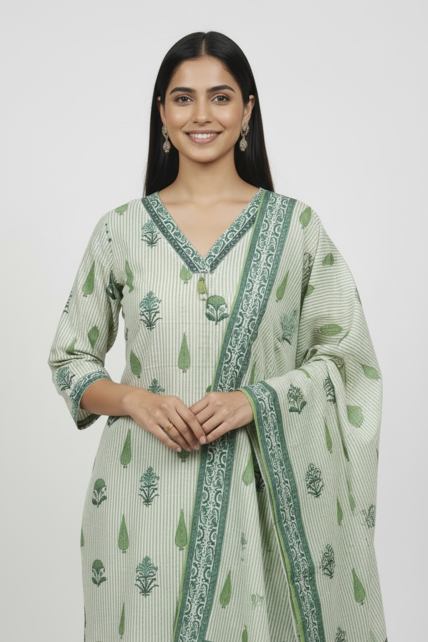 Lime Green Mul Cotton Kurti Set with Dupatta for Women | Kara Boutique