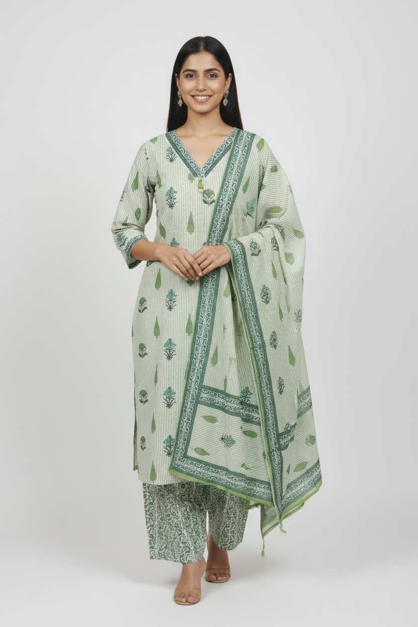 Lime Green Mul Cotton Kurti Set with Dupatta for Women | Kara Boutique