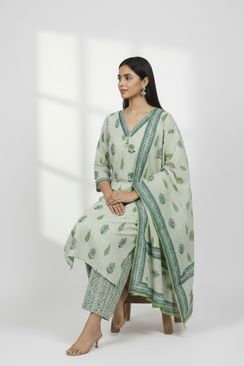 Lime Green Mul Cotton Kurti Set with Dupatta for Women | Kara Boutique