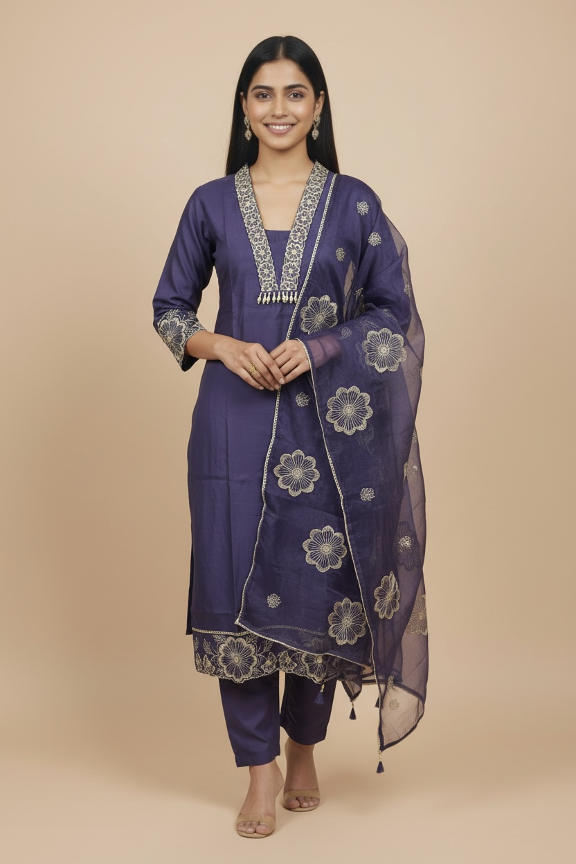 Royal Indigo Premium Muslin Embroidered Kurti Set with Dupatta