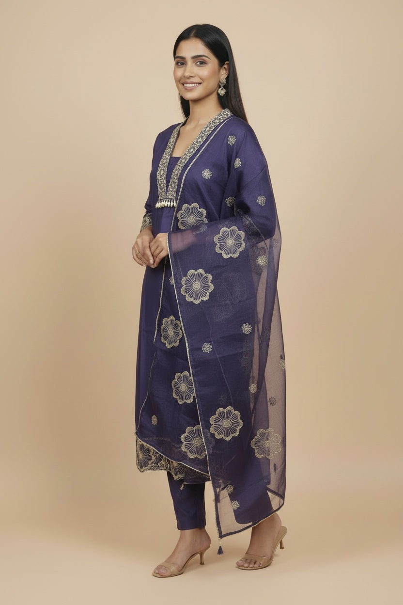 Royal Indigo Premium Muslin Embroidered Kurti Set with Dupatta