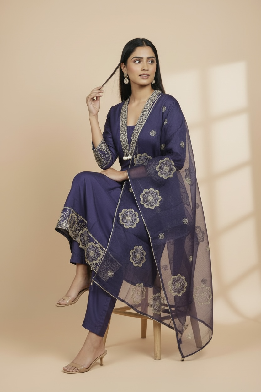 Royal Indigo Premium Muslin Embroidered Kurti Set with Dupatta