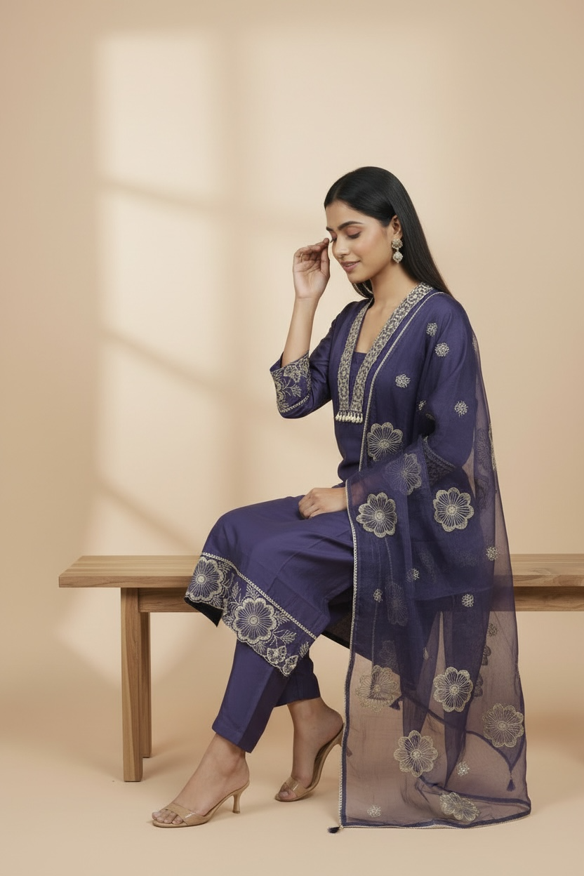 Royal Indigo Premium Muslin Embroidered Kurti Set with Dupatta