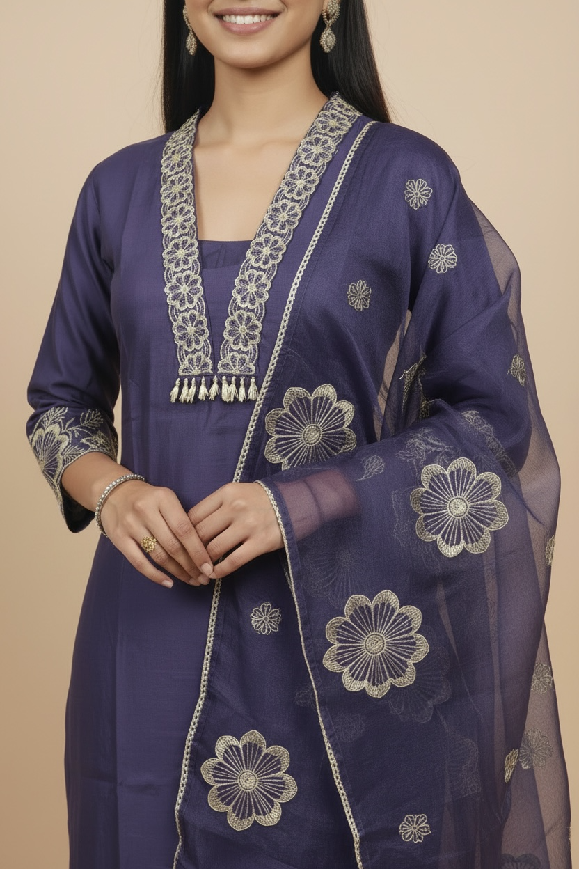 Royal Indigo Premium Muslin Embroidered Kurti Set with Dupatta