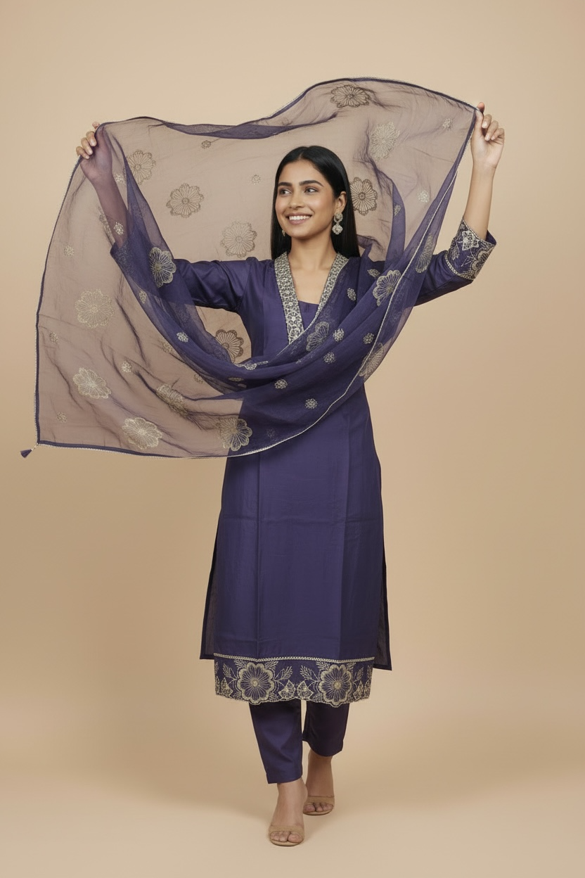 Royal Indigo Premium Muslin Embroidered Kurti Set with Dupatta