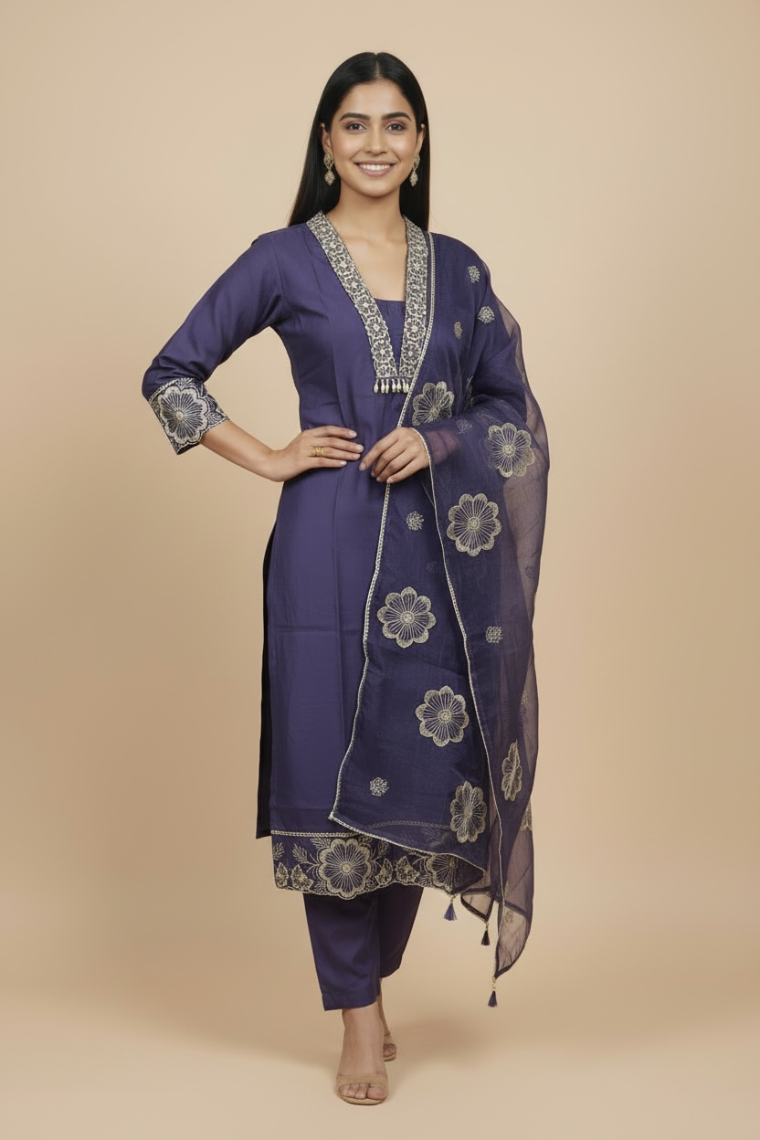 Royal Indigo Premium Muslin Embroidered Kurti Set with Dupatta