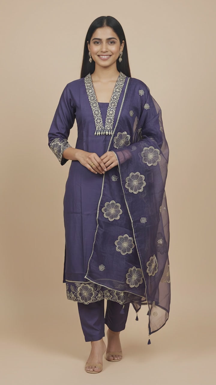 Royal Indigo Muslin Embroidered Kurti Set with Dupatta