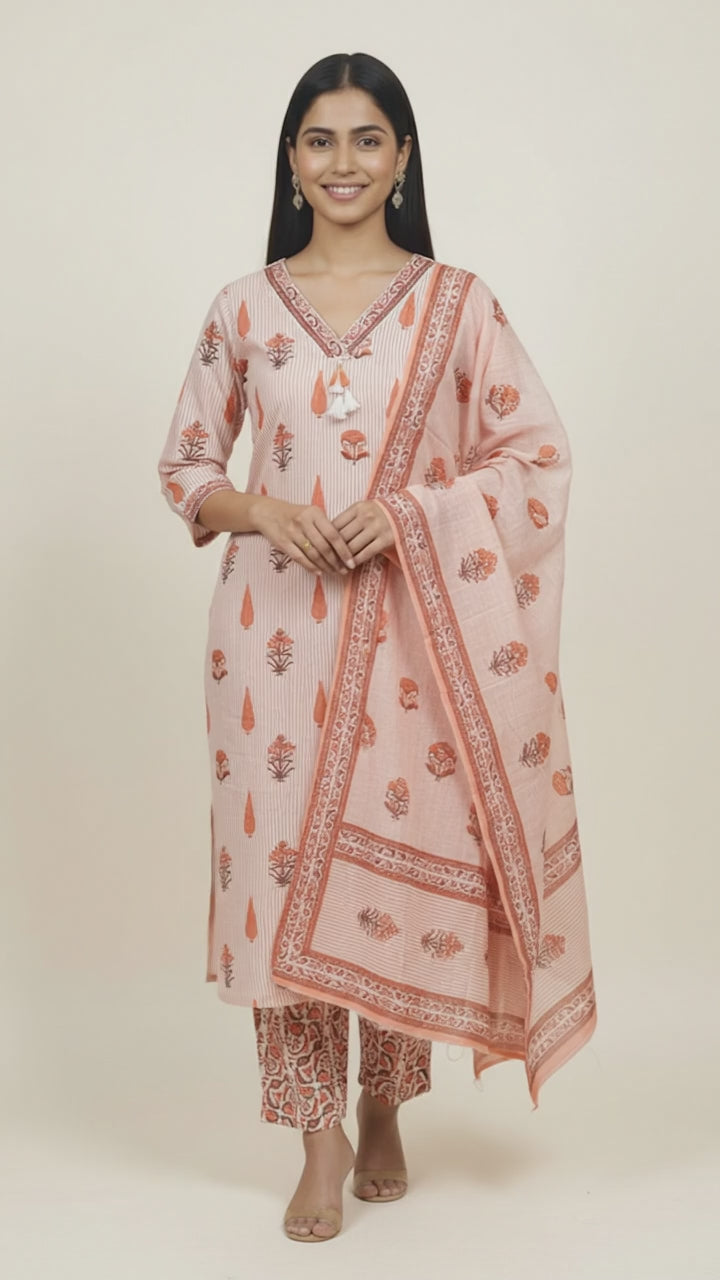Peach Mul Cotton Printed Kurti Set with Dupatta for Women | Kara Boutique