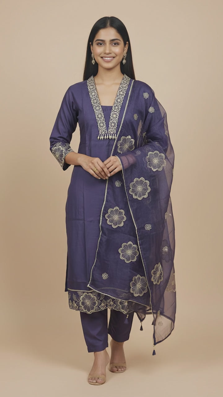 Royal Indigo Muslin Embroidered Kurti Set with Dupatta