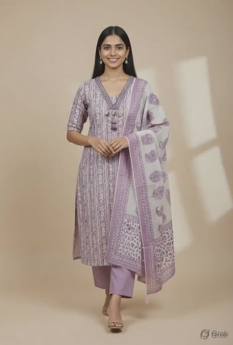 Lavendor Cotton Kurti Set with Dupatta for Women | Kara Boutique
